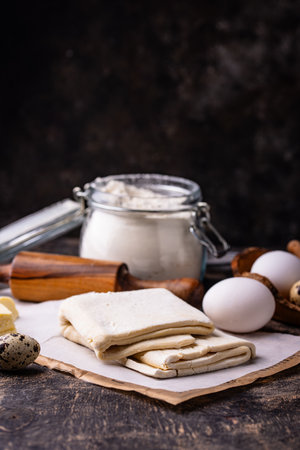 Raw puff pastry dough with baking ingredientの写真素材
