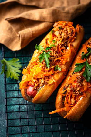 Traditional american street food hot dogの写真素材