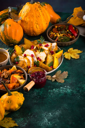 Traditional Thanksgiving day dinner with turkeyの写真素材