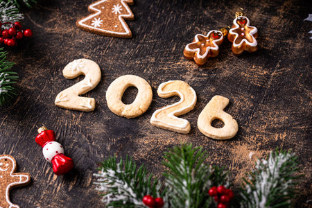 Festive New Years cookies in the shape of 2026の写真素材