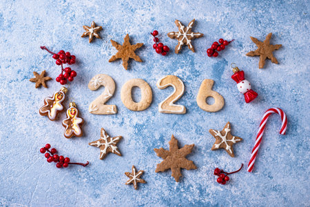 Festive New Years cookies in the shape of 2026