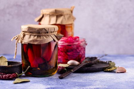 Healthy homemade fermented food in jarsの写真素材