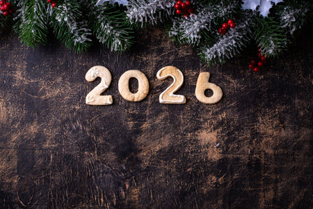 Festive New Years cookies in the shape of 2026