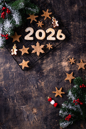 Festive New Years cookies in the shape of 2026の写真素材