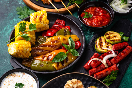 Assortment of grilled bbq meat and vegetablesの写真素材