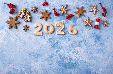Festive New Years cookies in the shape of 2026の写真素材