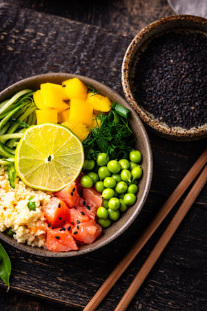 Healthy bowl with salmon and vegetablesの写真素材