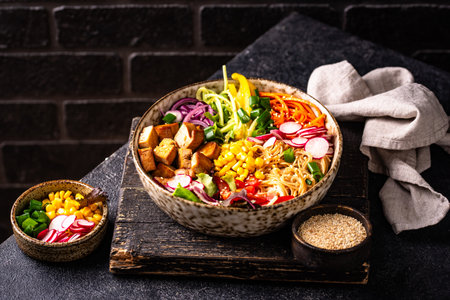 Vegan healthy poke bowl with tofuの写真素材