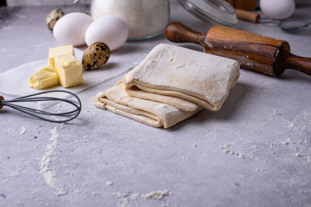 Raw puff pastry dough with baking ingredientの写真素材