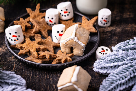 Christmas cookie and snowman marshmallowの写真素材