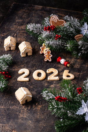 Festive New Years cookies in the shape of 2026の写真素材