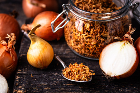 Bowl with chopped fried crispy onionsの写真素材