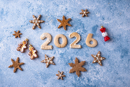 Festive New Years cookies in the shape of 2026の写真素材