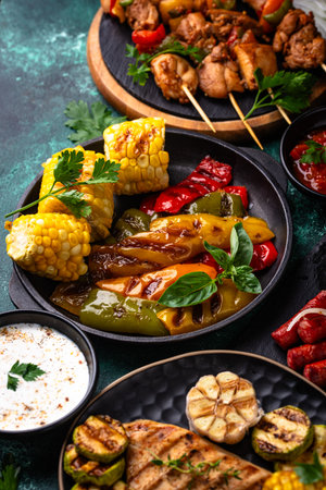 Assortment of grilled bbq meat and vegetablesの写真素材