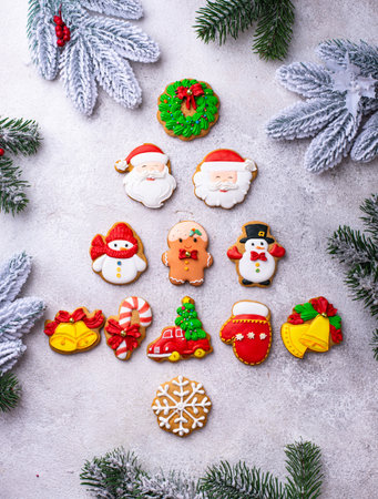 Homemade Christmas gingerbread cookies with Icingの写真素材