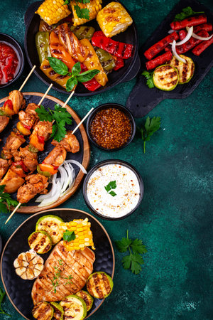 Assortment of grilled bbq meat and vegetablesの写真素材