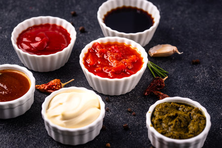 Set of different sauces. Ketchup, mustard, pestoの写真素材