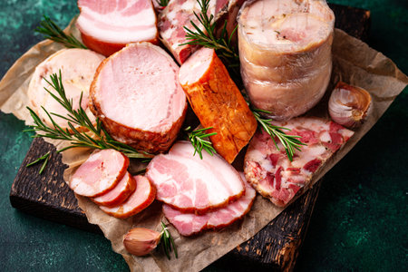 Different meat, sausages, ham and smoked pork