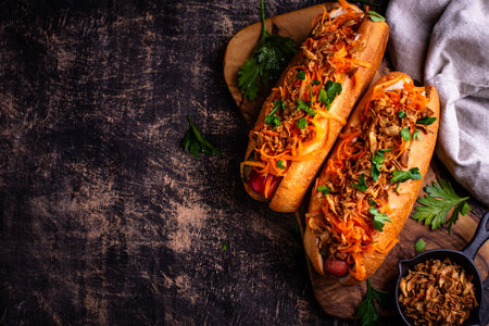 Traditional american street food hot dogの写真素材