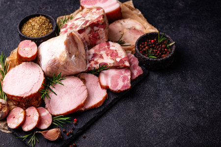Different meat, sausages, ham and smoked pork