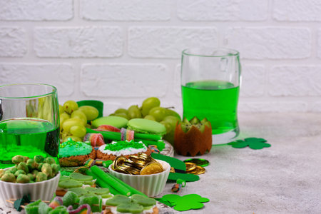 St. Patricks Day party food, green beer and shamrockの写真素材