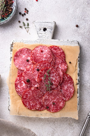 Sliced spicy tasty salami sausageの写真素材