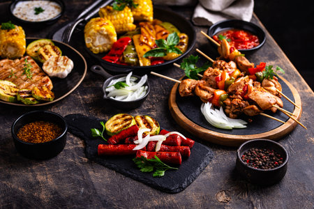 Assortment of grilled bbq meat and vegetablesの写真素材