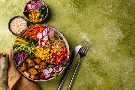 Vegan healthy poke bowl with tofuの写真素材