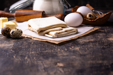 Raw puff pastry dough with baking ingredientの写真素材