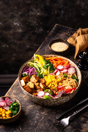 Vegan healthy poke bowl with tofuの写真素材