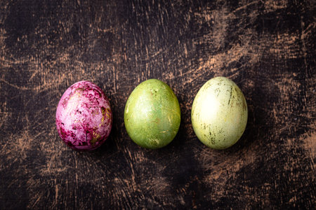 Easter eggs painted with natural dyeの写真素材