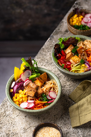 Vegan healthy poke bowl with tofuの写真素材