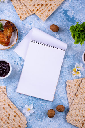 Traditional Passover Seder plate with symbolic foods. Symbolic of Jewish holiday Pesah.の写真素材