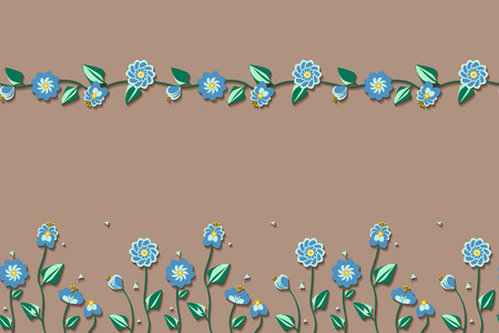 Summer flowers in different forms with meadow bugs. There are 2 seamless patternsのイラスト素材