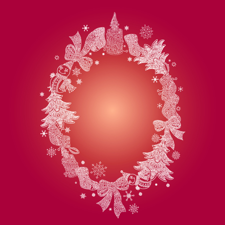 Figurines in ornaments in oval frame. There are lot of elements such as christmas tree, spruce, bow, snowflake, candle, sock, snowman.のイラスト素材