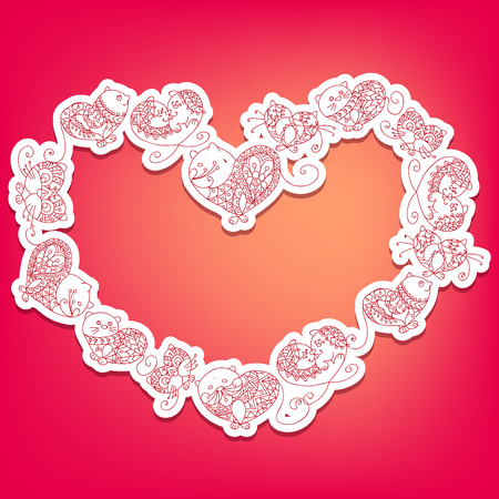 Cute shape of a heart with cats in lovely ornament.のイラスト素材