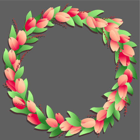 Circle frame with red tulips flowers and branchesのイラスト素材