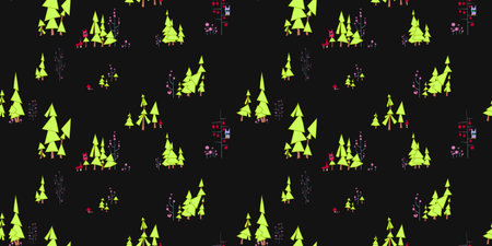 A Seamless pattern. Fairy forest with owls and monsters. On the illustration there are pine trees,...