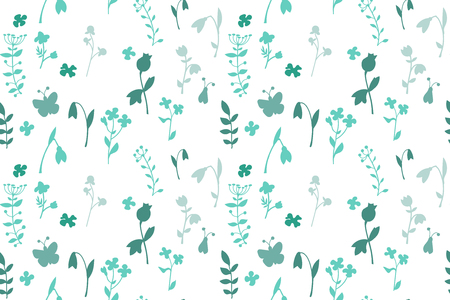Meadow seamless pattern with a lot of spring and summer flowers. There are bug and butterfly. There are garden and forest flowers such as marigold, snowdrop and forget-me-notのイラスト素材
