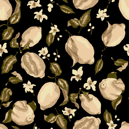 Sepia Color Seamless Pattern with lemon tree fruits on the branches with leaves and flowers, juicy freshnessのイラスト素材