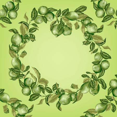 Template with circle frame of citrus tree branches. There are limes and lemons with leaves. Pattern made green colorsのイラスト素材