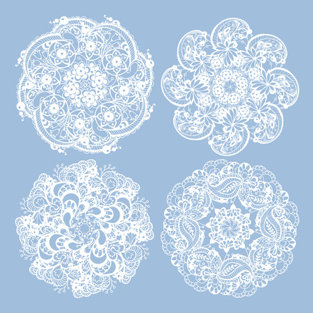 set of 3 pattern elements  made in knitting napkin style in white color in vector graphic. Ornament has a lot of elementsのイラスト素材