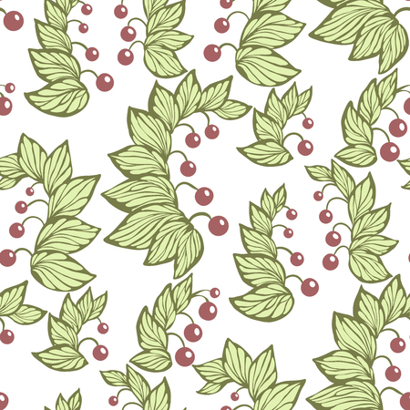 Vector seamless pattern with lily flower plants in green and red colors. There are herbals with red berries in patternのイラスト素材