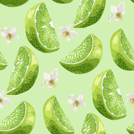 Lime slices and flowers seamless pattern set in realistic graphic vector illustration in bright colors with green backgroundのイラスト素材