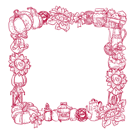 Decorative vector square border frame with houdehold harvest season stuff in graphic design illustrationのイラスト素材