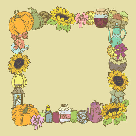 Decorative vector square border frame with houdehold harvest season stuff in graphic design illustrationのイラスト素材