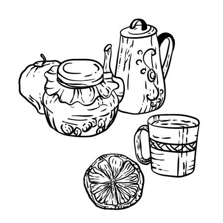 Coloring page in vector with household autumn elements in decorative illustrationのイラスト素材