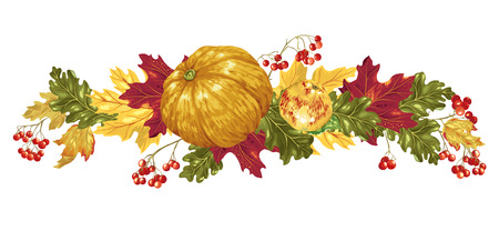 Decorative headline frame elements in vector with autumn things such as pumpkin, oak leaves, maple leaves, red autumn berries and an appleのイラスト素材