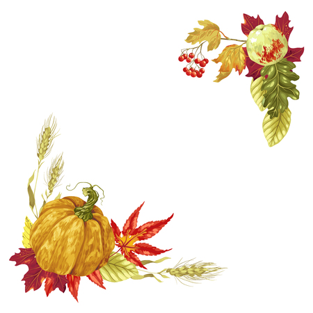 Decorative Vector frame for harvest season and Thanksgiving day with a lot of elements such as leaves and fruitsのイラスト素材