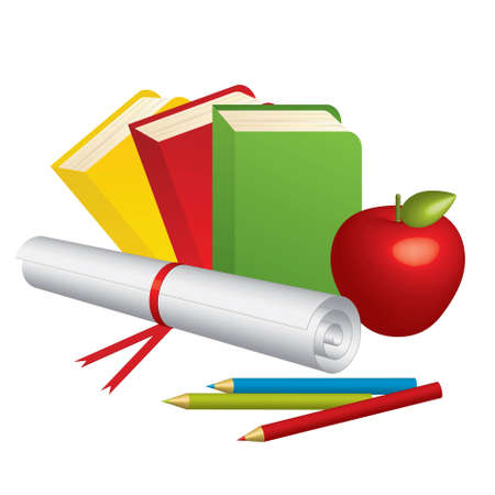 Vector illustration of 3d School Supplies and red apple  のイラスト素材